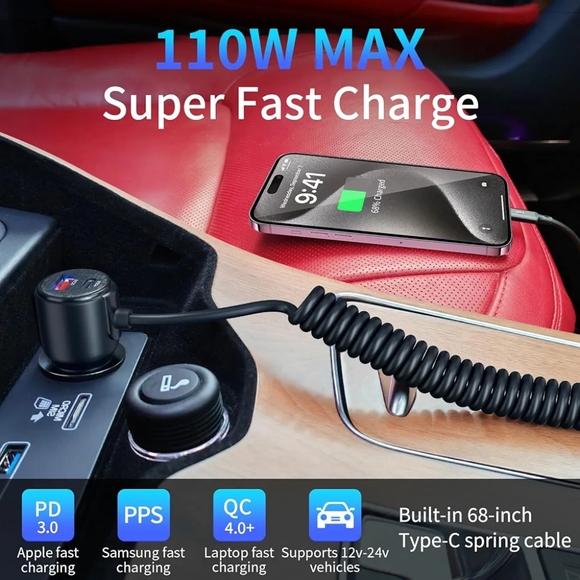 110W USB C Car Charger Fast Charging, with 5.7ft Type C Retractable Coiled Cable - Picture 2 of 14